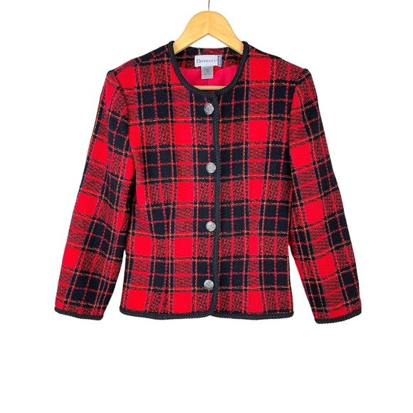 Vintage Jackets & Blazers - Vintage Tartan Plaid Lady Jacket Women Size 2P* Wool Blend Soutache Trim USA